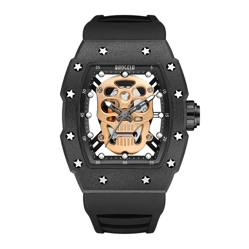 Baogela Skull Tonneau Watch Top Brand Quartz Aço inoxidável Relógios de Silicone Creative Relógio Impermeável Rislo de pulseira Rose 4141