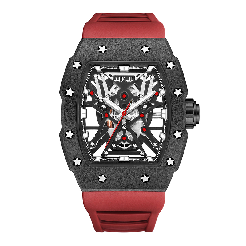 BAEGELA TOP Brand Dominante Tonneau Mechanical Industrial Style Skeleton Skeleton Sports Sports Sports Watches Silicone Watch 4147